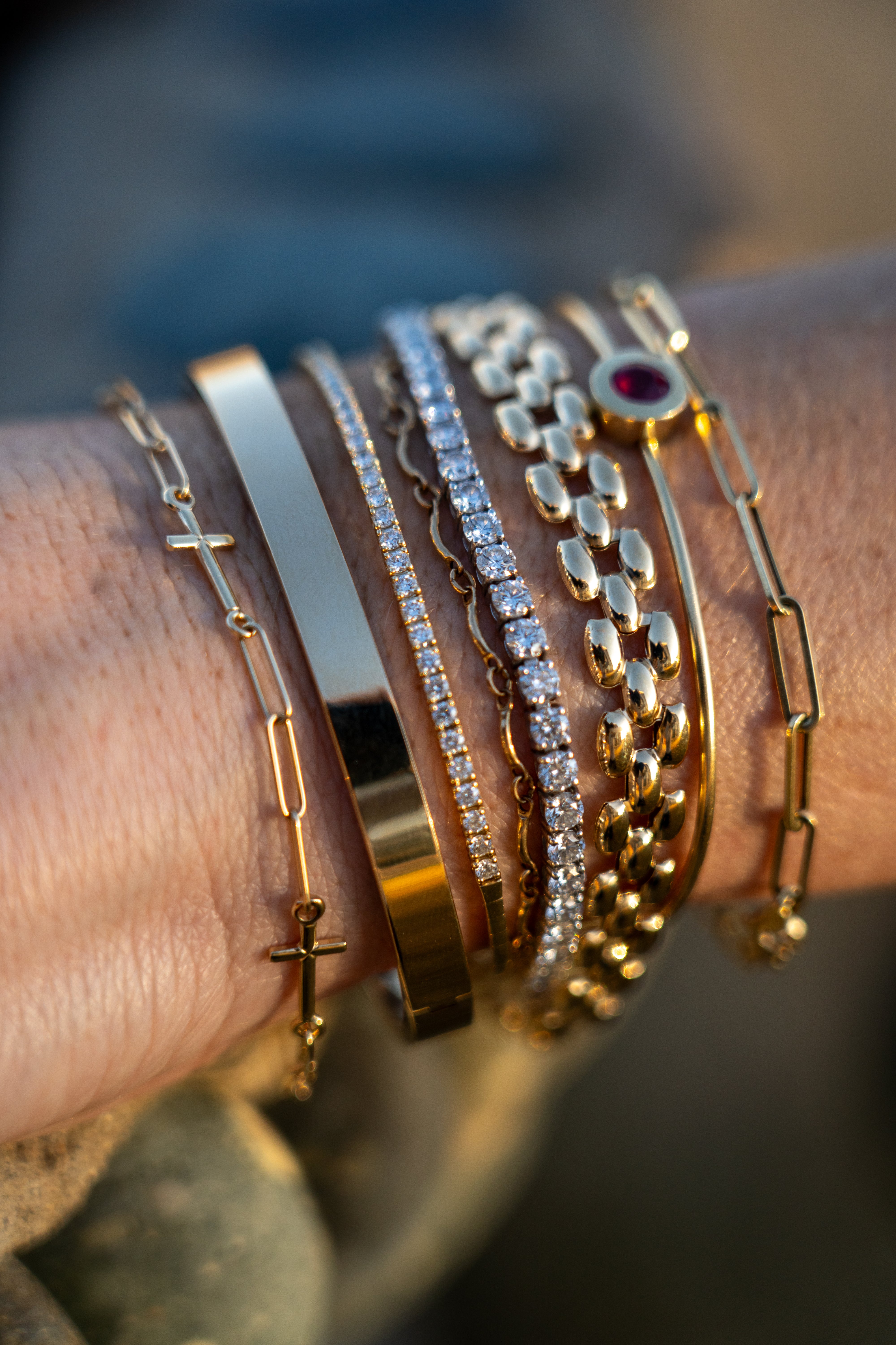 14k Gold Bracelet Styled with the Mary, The Miss Priss Wide, the OG, the uby TaeTae, and the Scotty Flat Bracelet